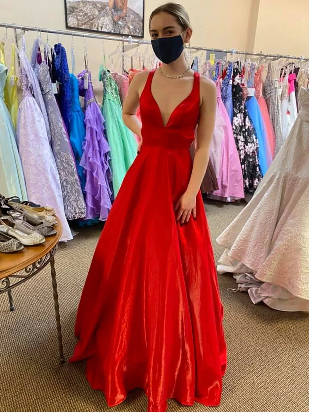 Long A Line V Neck Satin Backless Prom Dresses with Pockets Red Formal Graduation Evening Dresses - Image 3