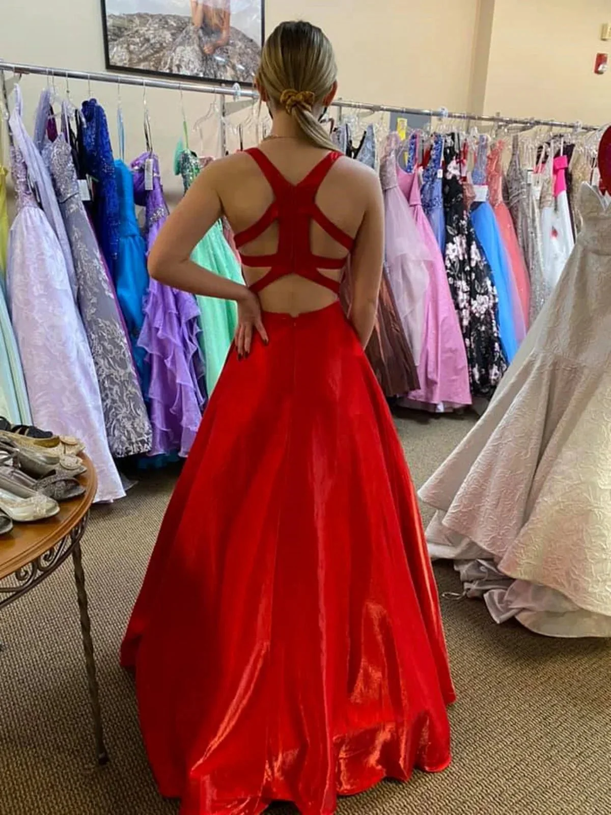 Long A Line V Neck Satin Backless Prom Dresses with Pockets Red Formal Graduation Evening Dresses - Image 4