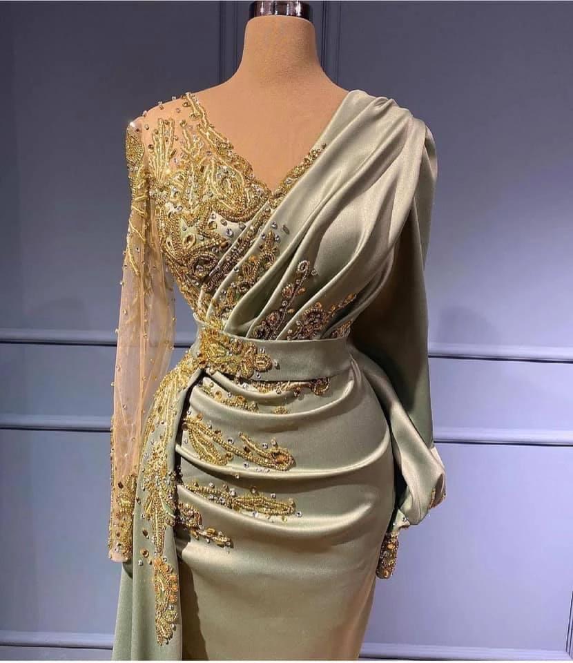 Long A-line V-neck Satin Beads Mermaid Formal Dress with Sleeves - Image 2