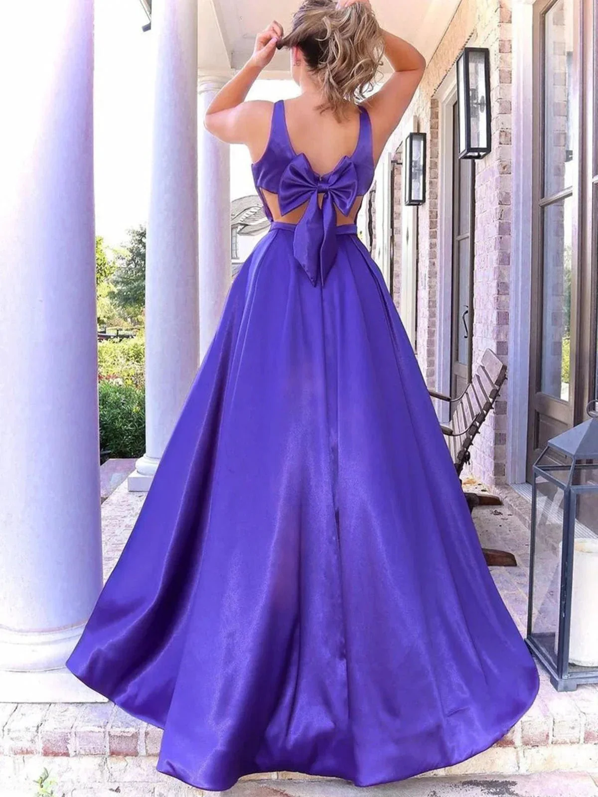 Long A Line V Neck Satin Prom Dress with Pockets Purple Formal Graduation Evening Dresses - Image 2