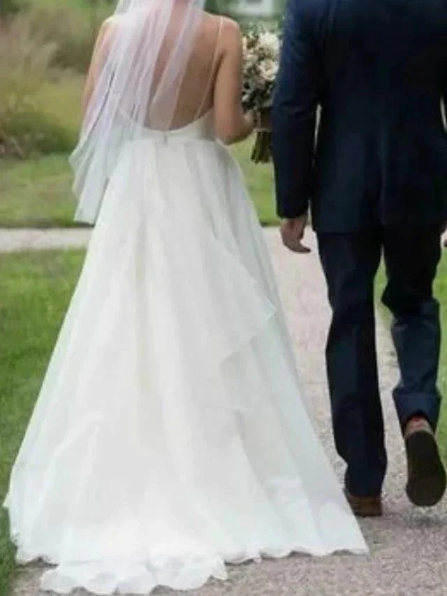 Long A-Line V Neck Satin Tulle Open Back Wedding Dresses - Image 2