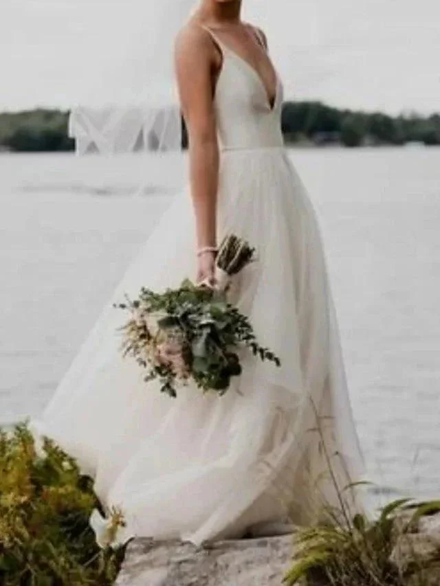 Long A-Line V Neck Satin Tulle Open Back Wedding Dresses - Image 3