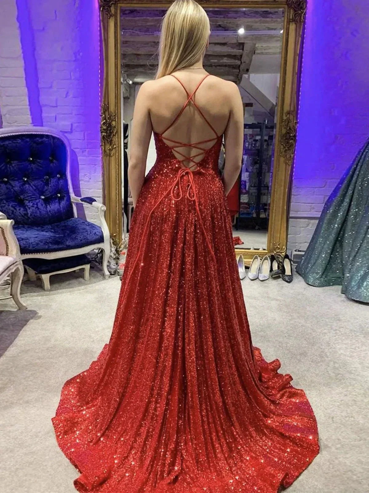Long A-line V-neck Sequins Backless Prom Dress with Slit Burgundy Formal Graduation Evening Dresses - Image 2