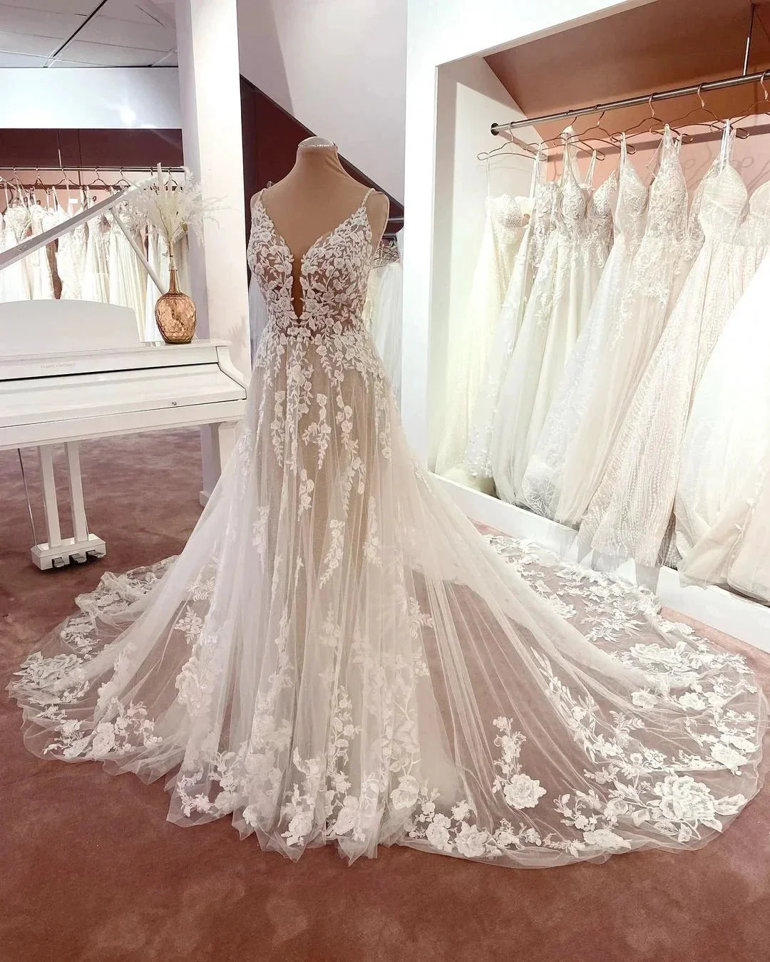 Long A-line V-neck Sleeveless Floral Lace Tulle Boho Wedding Dresses - Image 2