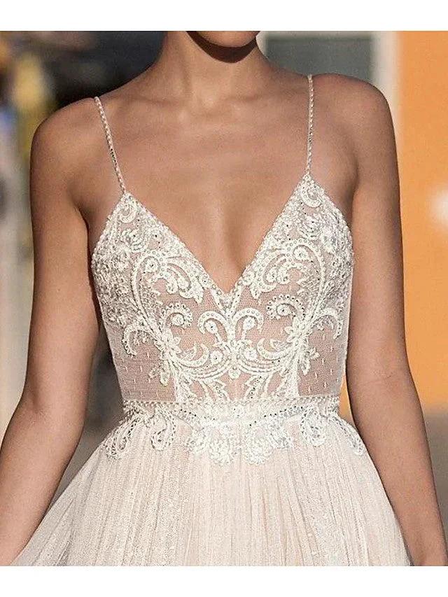 Long A-Line V-neck Spaghetti Strap Tulle Backless Wedding Dresses - Image 2