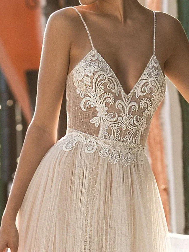 Long A-Line V-neck Spaghetti Strap Tulle Backless Wedding Dresses - Image 3