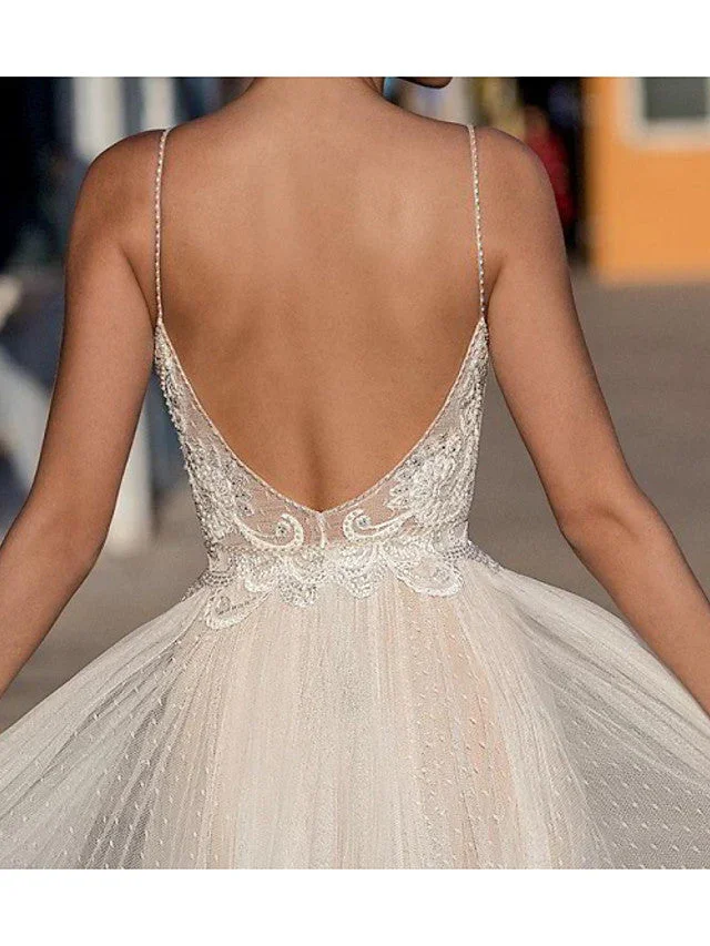 Long A-Line V-neck Spaghetti Strap Tulle Backless Wedding Dresses - Image 4