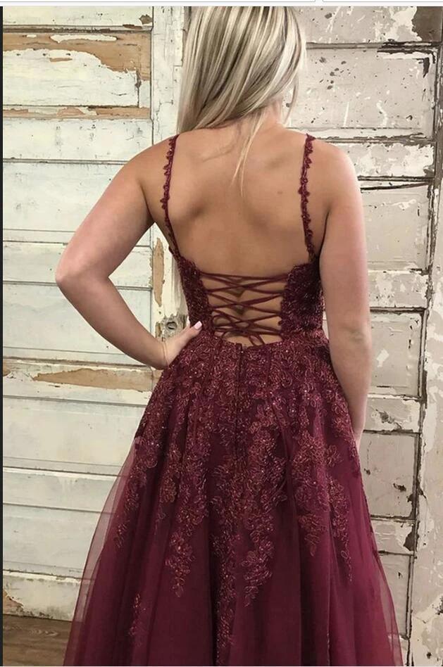 Long A-Line V-neck Spaghetti Straps Backless Appliques Lace Tulle Prom Dress - Image 2