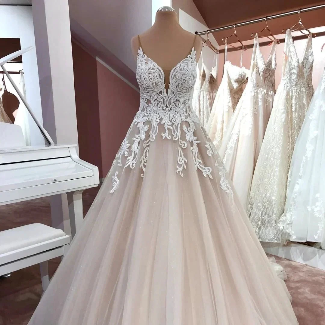Long A-Line V-neck Spaghetti Straps Backless Appliques Lace Tulle Wedding Dress - Image 2