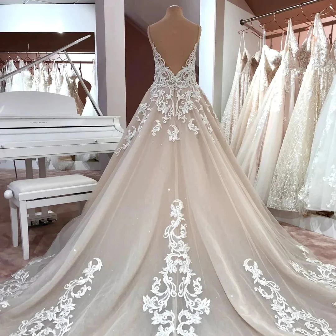 Long A-Line V-neck Spaghetti Straps Backless Appliques Lace Tulle Wedding Dress - Image 3