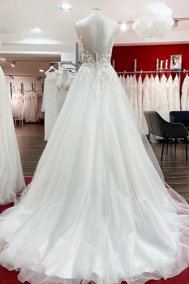 Long A-line V-neck Spaghetti Straps Backless Wedding Dress with Lace - Image 2