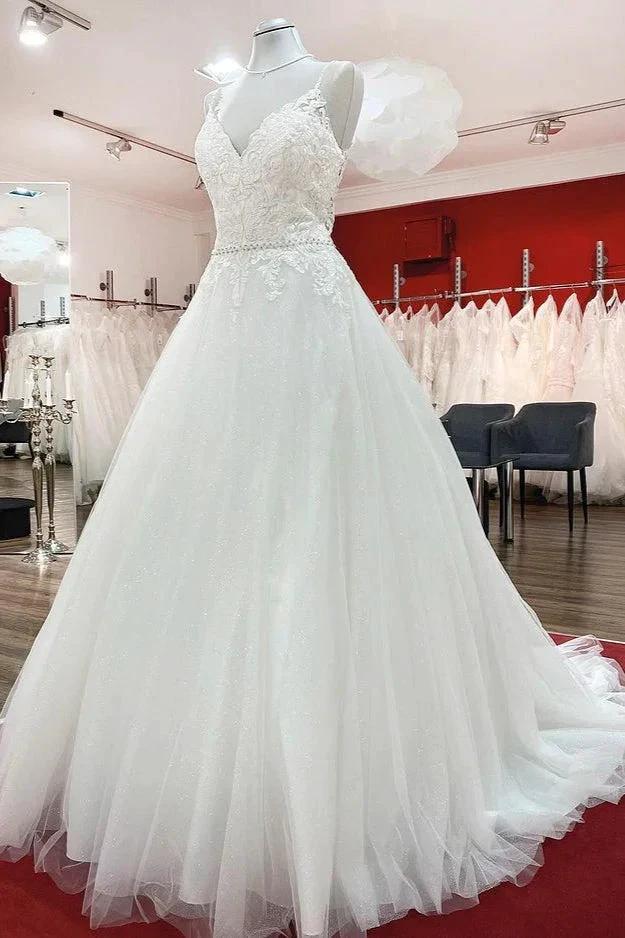 Long A-line V-neck Spaghetti Straps Backless Wedding Dress with Lace - Image 3