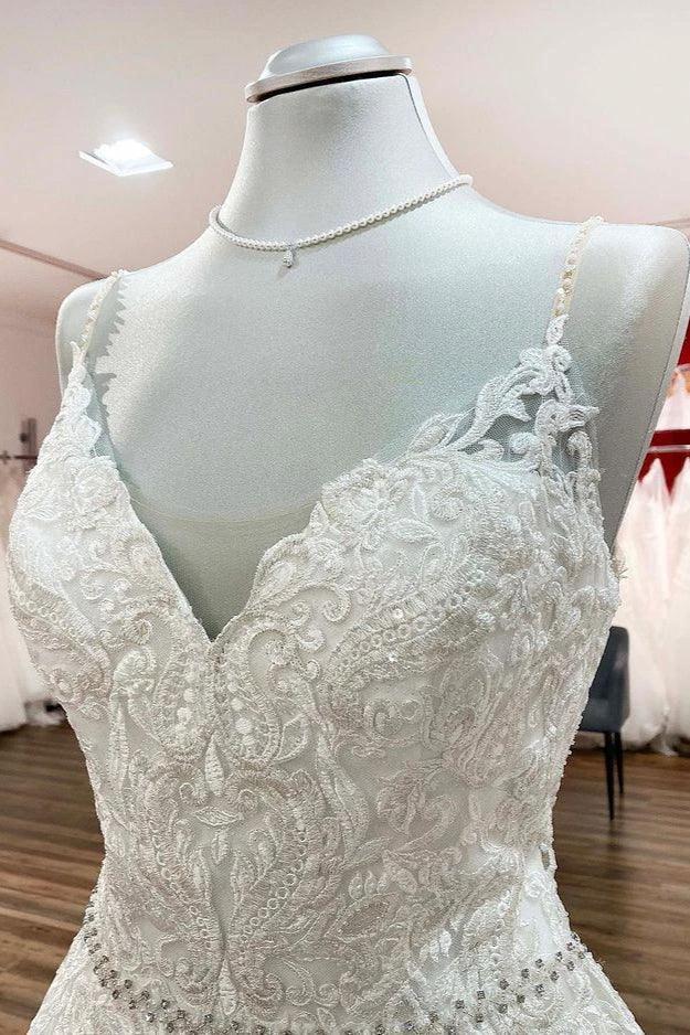 Long A-line V-neck Spaghetti Straps Backless Wedding Dress with Lace - Image 4