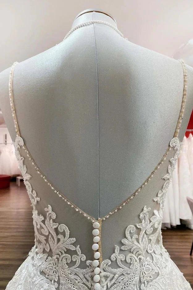 Long A-line V-neck Spaghetti Straps Backless Wedding Dress with Lace - Image 5