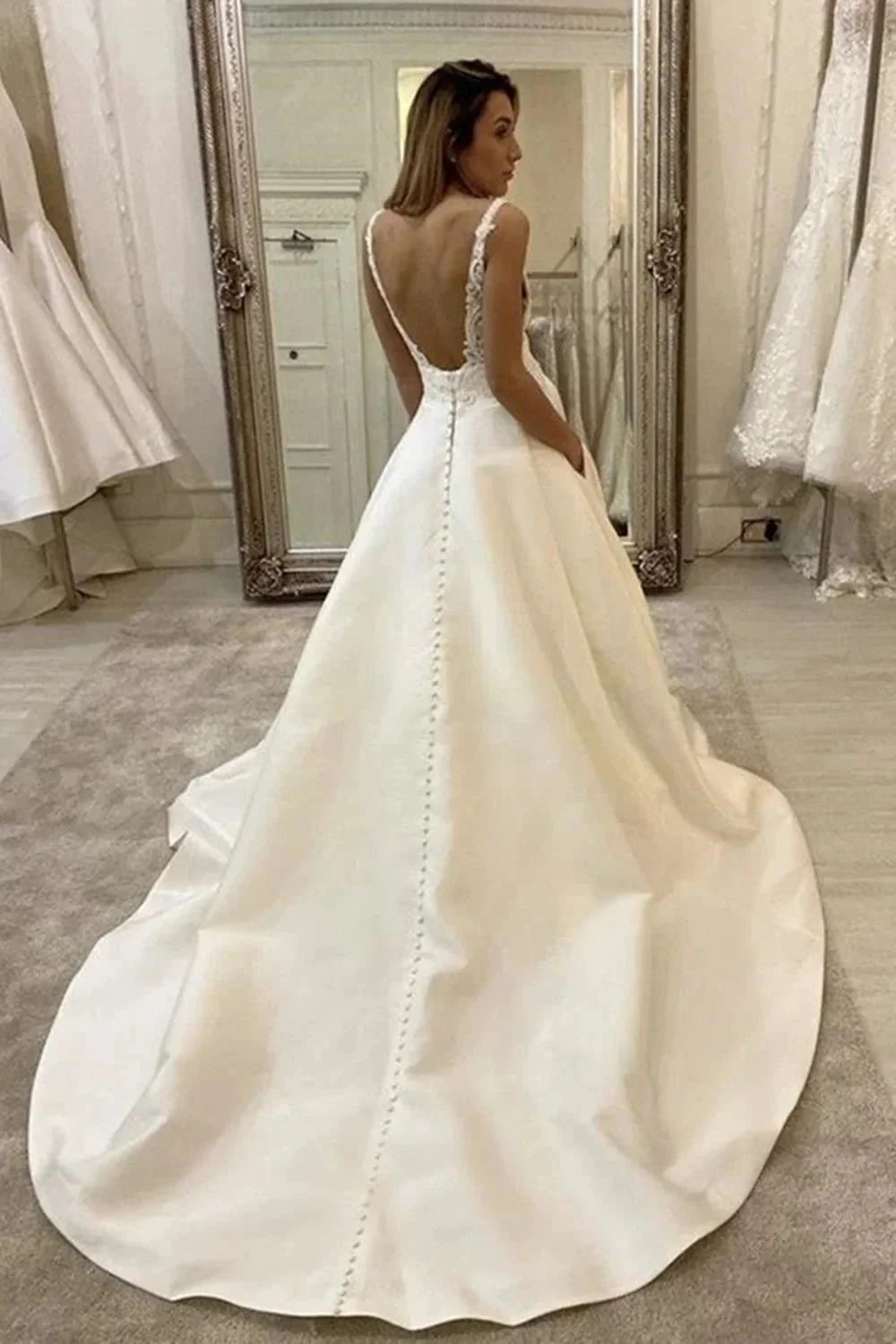 Long A-Line V-neck Spaghetti Straps Backless Wedding Dress With Pockets - Image 2