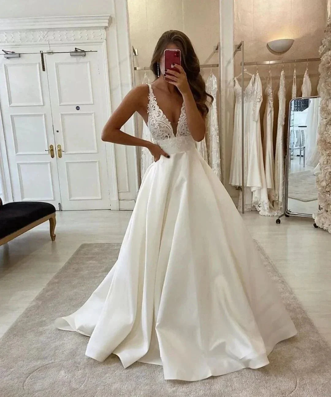Long A-Line V-neck Spaghetti Straps Backless Wedding Dress With Pockets - Image 3