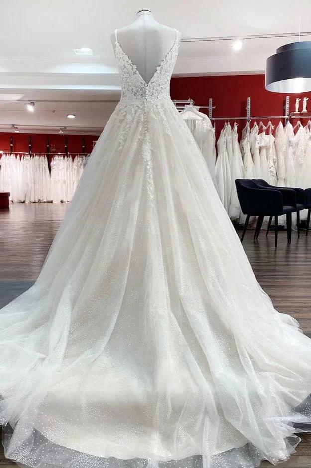 Long A-line V-neck Spaghetti Straps Tulle Lace Backless Wedding Dress - Image 2