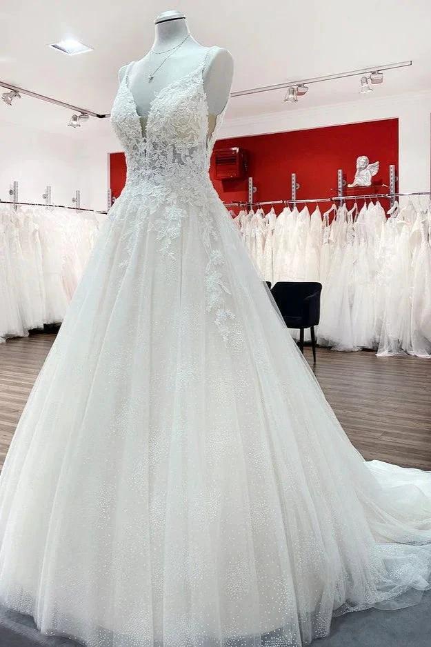 Long A-line V-neck Spaghetti Straps Tulle Lace Backless Wedding Dress - Image 3
