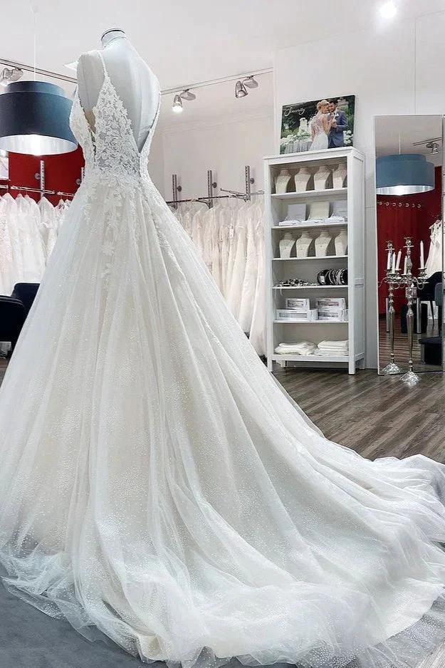 Long A-line V-neck Spaghetti Straps Tulle Lace Backless Wedding Dress - Image 4