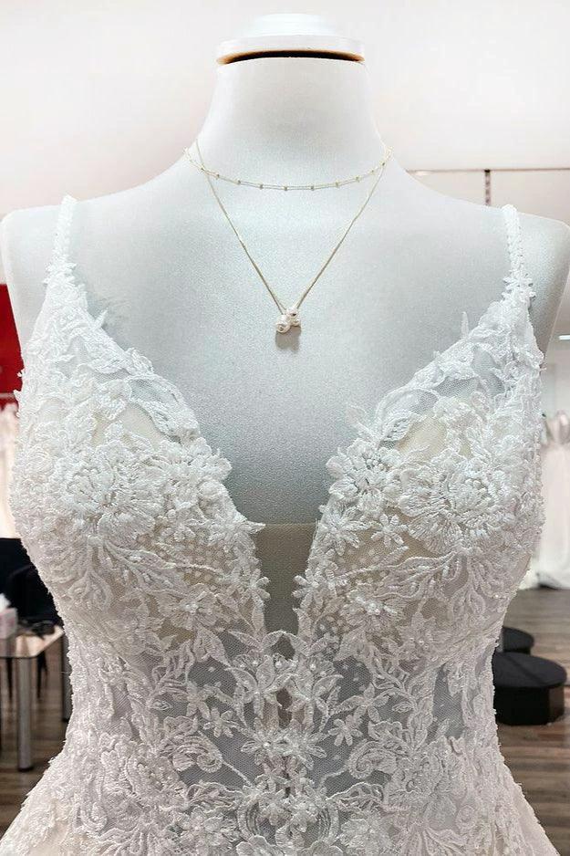 Long A-line V-neck Spaghetti Straps Tulle Lace Backless Wedding Dress - Image 5