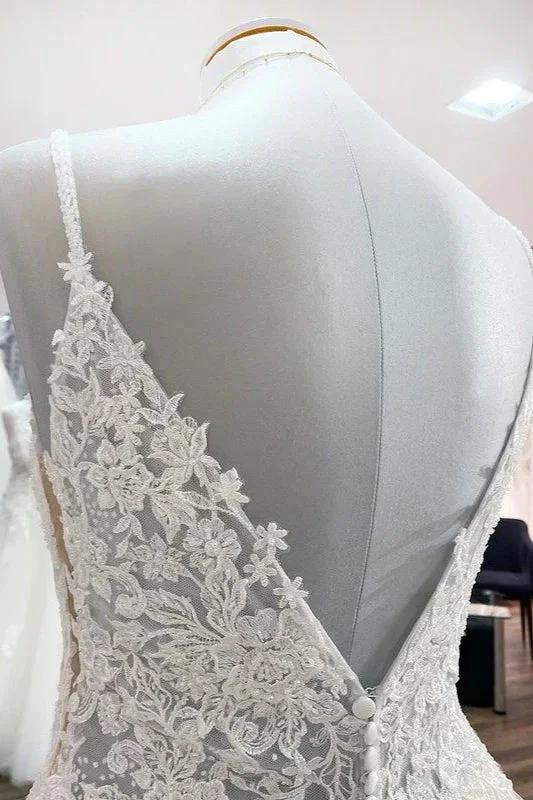 Long A-line V-neck Spaghetti Straps Tulle Lace Backless Wedding Dress - Image 6