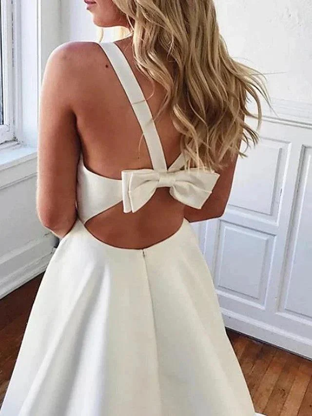 Long A-Line V Neck Stretch Satin Backless Wedding Dresses with Pockets - Image 2