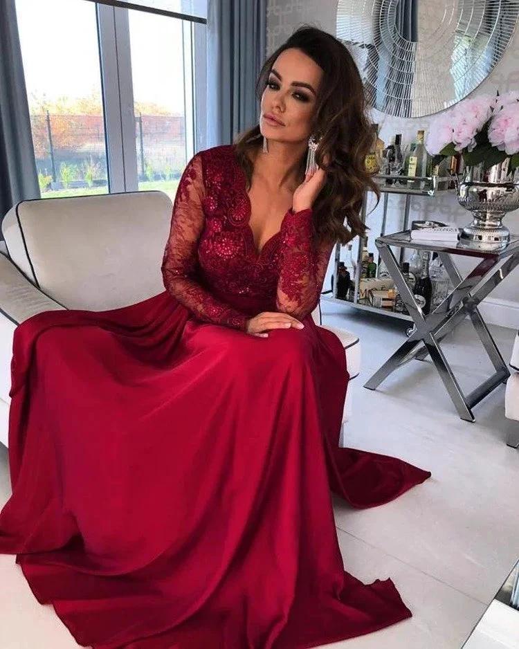 Long A-line V-neck Stretch Satin Long Sleeves Prom Dress with Slit - Image 2