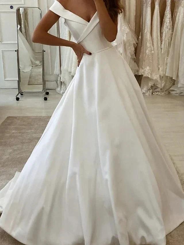 Long A-Line V Neck Sweep Brush Train Satin Wedding Dresses - Image 2