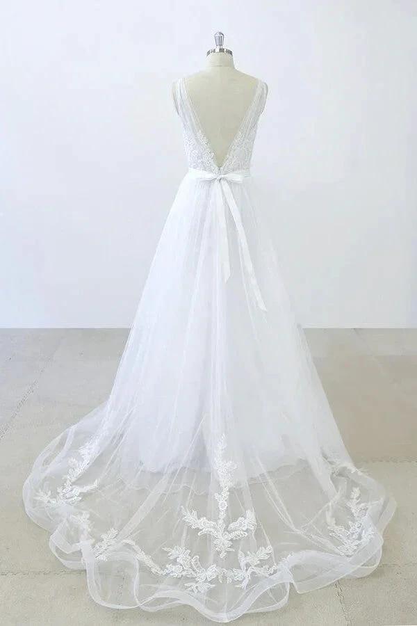 Long A-line V-neck Sweetheart Ruffle Applqiues Tulle Backless Wedding Dress - Image 2