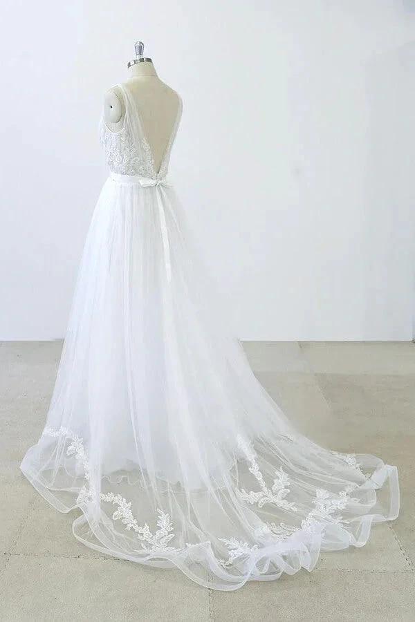 Long A-line V-neck Sweetheart Ruffle Applqiues Tulle Backless Wedding Dress - Image 3