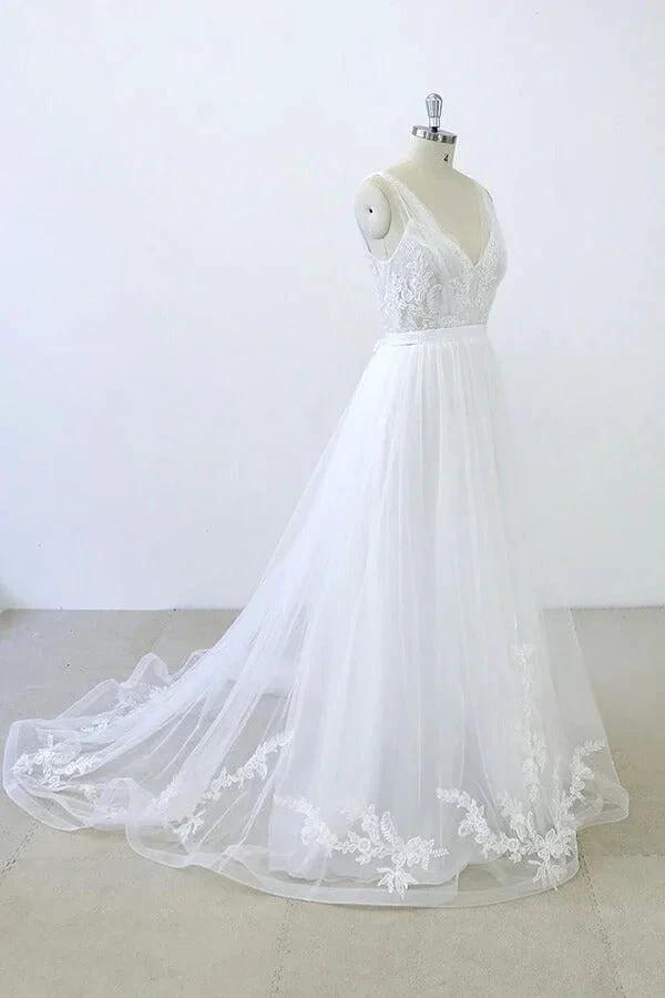 Long A-line V-neck Sweetheart Ruffle Applqiues Tulle Backless Wedding Dress - Image 4
