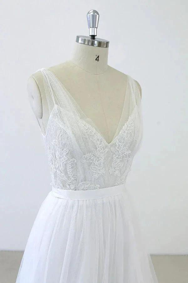 Long A-line V-neck Sweetheart Ruffle Applqiues Tulle Backless Wedding Dress - Image 5
