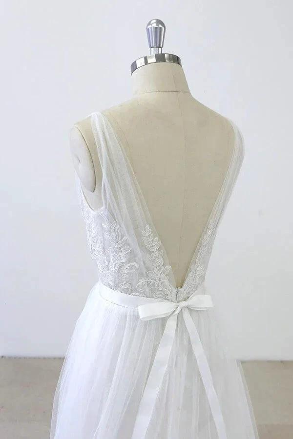 Long A-line V-neck Sweetheart Ruffle Applqiues Tulle Backless Wedding Dress - Image 6