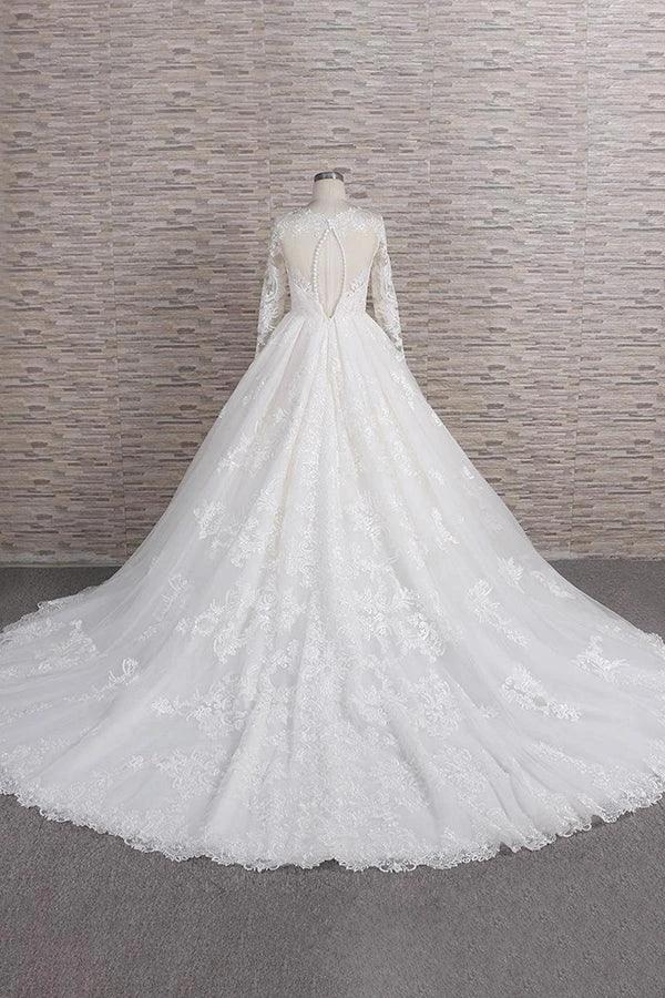 Long A-line V-neck Tulle Appliques Lace Wedding Dress with Sleeves - Image 2