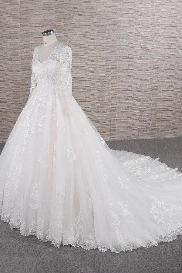 Long A-line V-neck Tulle Appliques Lace Wedding Dress with Sleeves - Image 3
