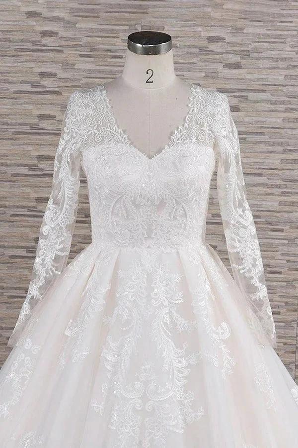 Long A-line V-neck Tulle Appliques Lace Wedding Dress with Sleeves - Image 4
