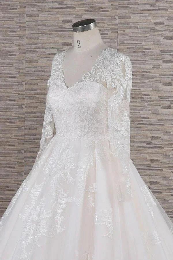 Long A-line V-neck Tulle Appliques Lace Wedding Dress with Sleeves - Image 5