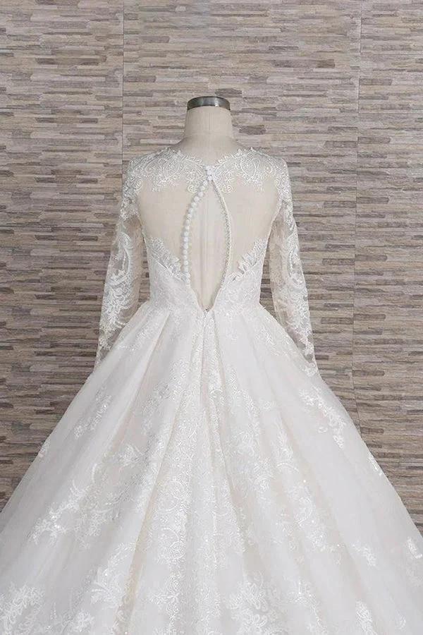 Long A-line V-neck Tulle Appliques Lace Wedding Dress with Sleeves - Image 6