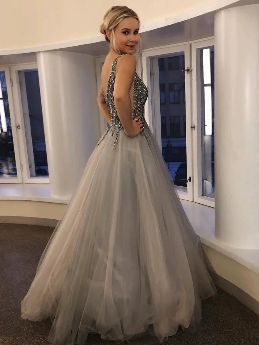 Long A-line V Neck Tulle Backless Beaded Prom Formal Graduation Evening Dresses - Image 2
