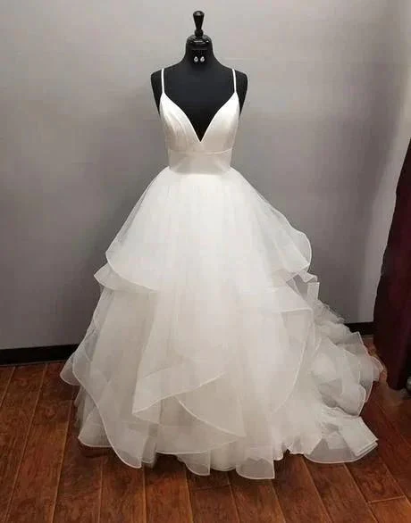 Long A-line V-neck Tulle Backless Wedding Dress - Image 2