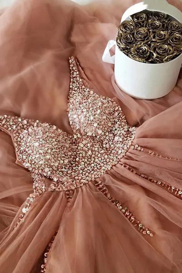 Long A-line V-neck Tulle Beading Formal Evening Prom Dresses - Image 2
