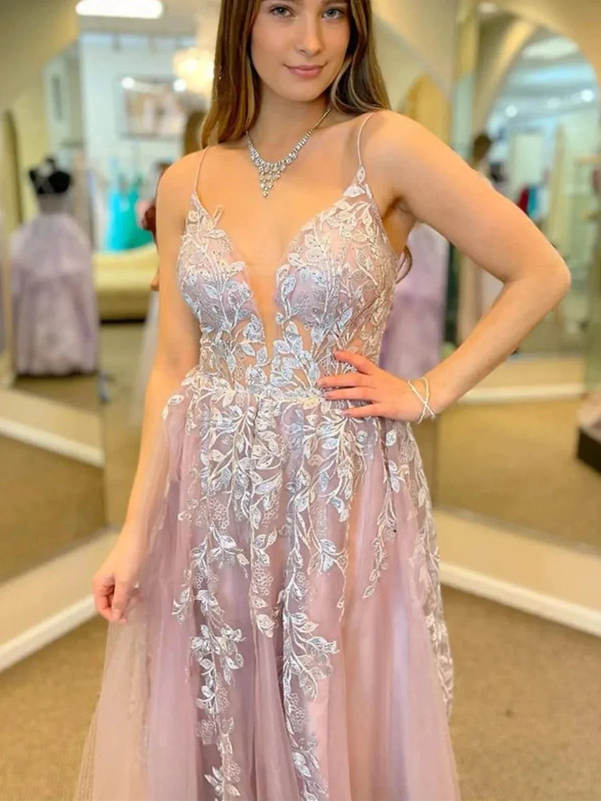 Long A-line V-neck Tulle Front Slit Formal Prom Dress with Lace Appliques - Image 2