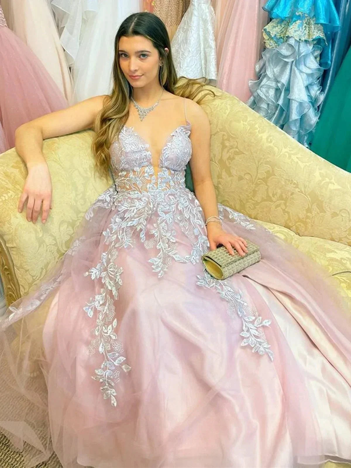 Long A-line V-neck Tulle Front Slit Formal Prom Dress with Lace Appliques - Image 3