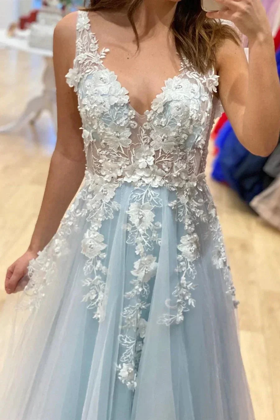Long A Line V Neck Tulle Lace 3D Flowers Formal Graduation Prom Dresses - Image 2