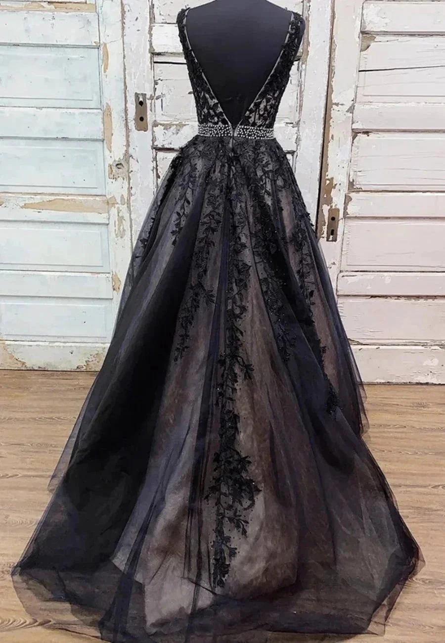 Long A-line V-neck Tulle Lace Backless Formal Evening Prom Dresses - Image 2