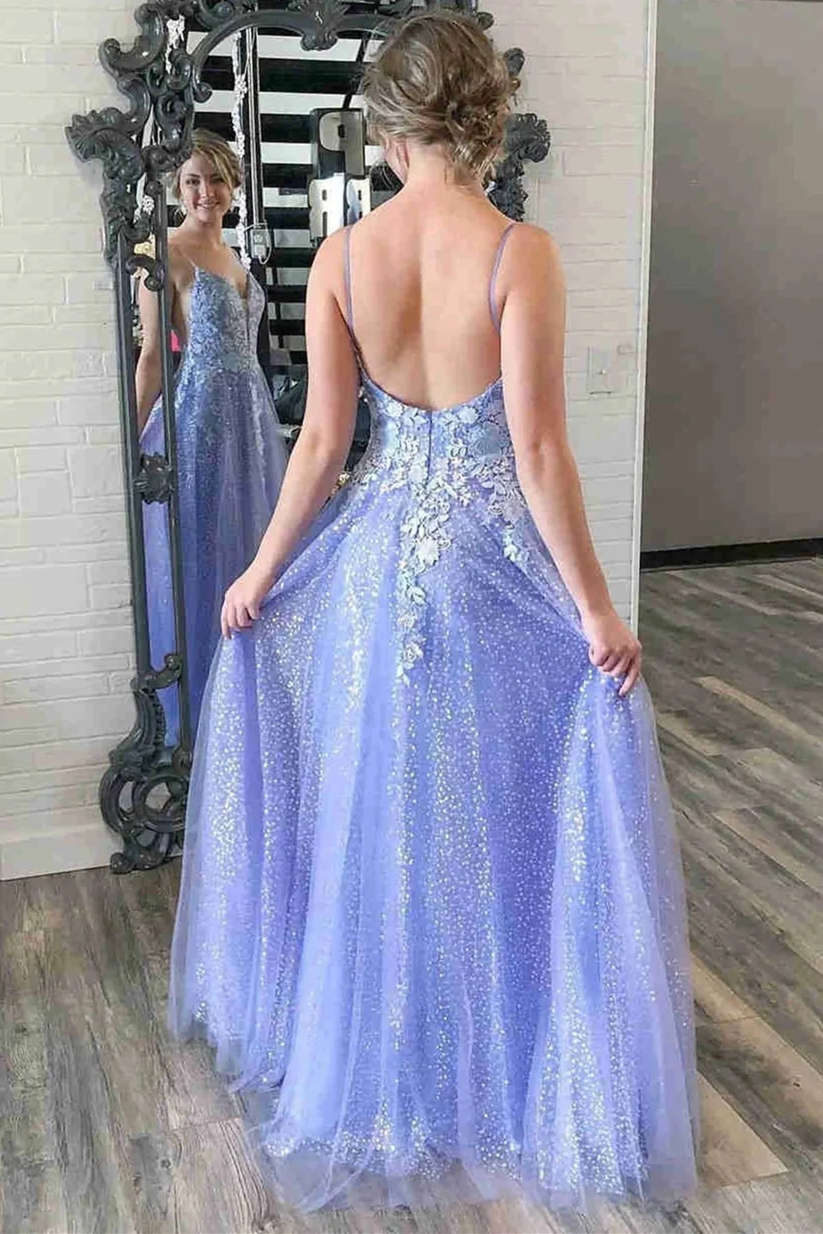 Long A-line V Neck Tulle Lace Backless Prom Dress Purple Lace Floral Formal Graduation Evening Dresses - Image 2