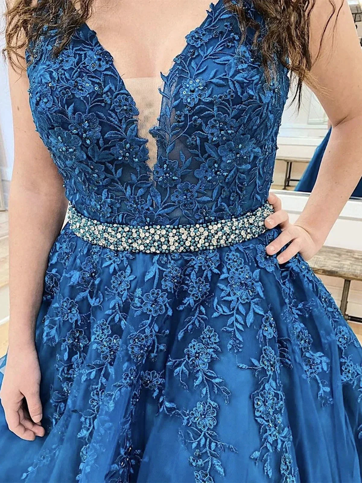 Long A-line V-neck Tulle Lace Floral Prom Dress Blue Formal Evening Dresses - Image 2