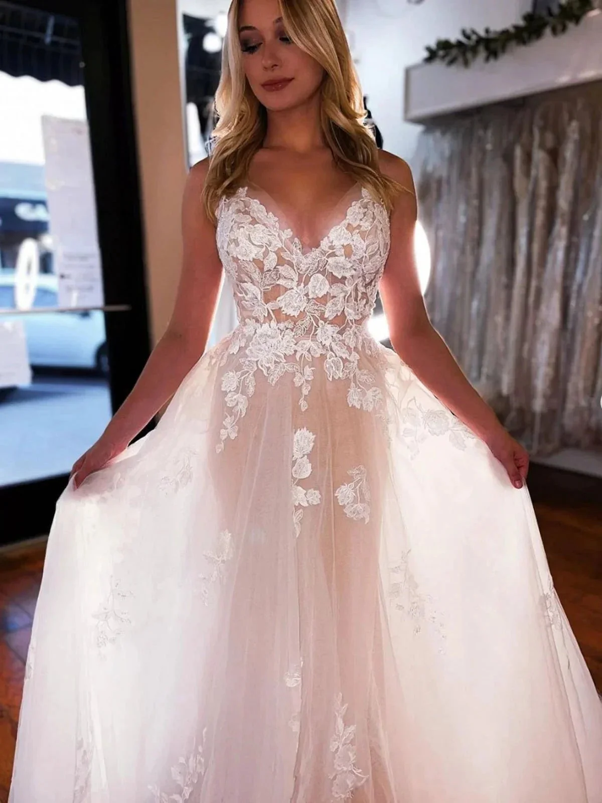 Long A-line V-neck Tulle Lace Floral Spaghetti Straps Backless Wedding Dresses - Image 2
