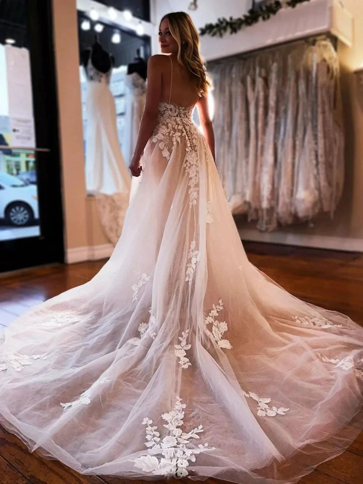 Long A-line V-neck Tulle Lace Floral Spaghetti Straps Backless Wedding Dresses - Image 3