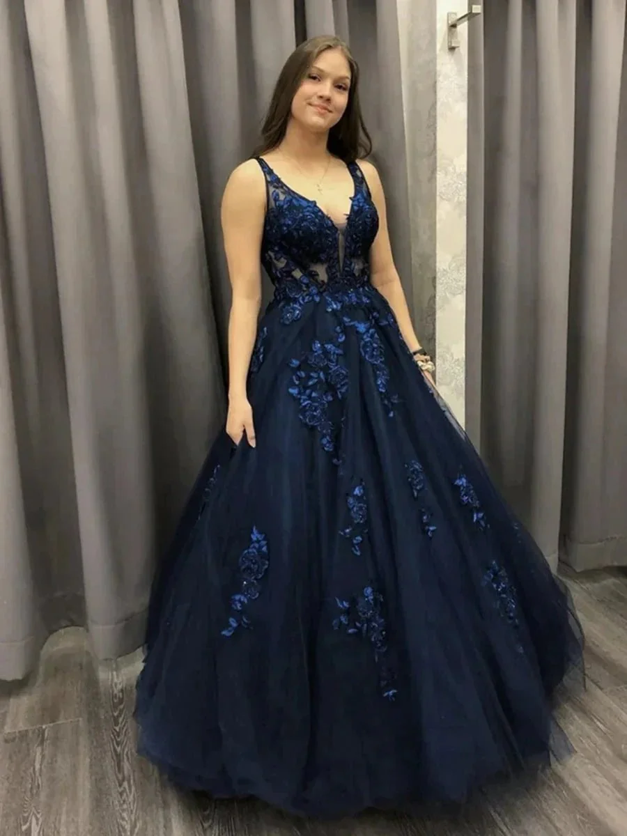 Long A-line V-neck Tulle Lace Formal Evening Dresses Dark Navy Prom Dresses - Image 2